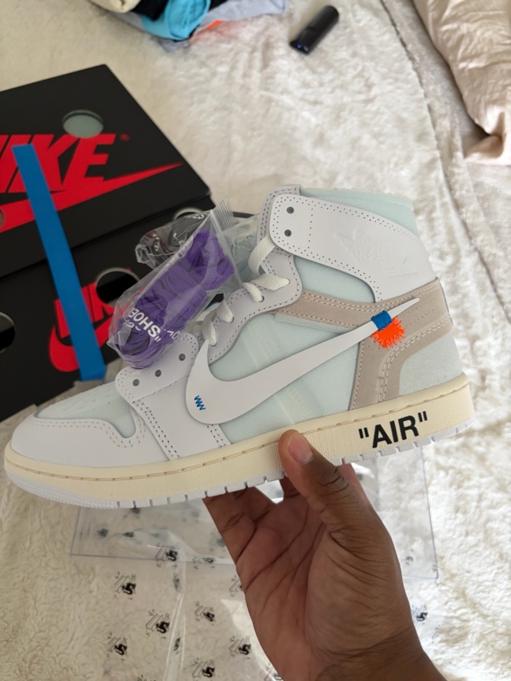 Off-White Air Jordan 1 High - White/Light Blue/Beige with Orange Zip Tie